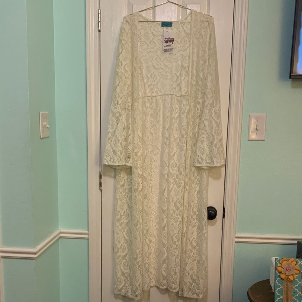 Turquoise Haven Off White Lace Long Length Bell Sleeve Kimono Size Large